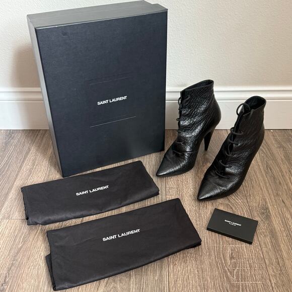 Saint Lauren Embossed Leather Lace Up black Boots size 8 IT 38 - Picture 1 of 13